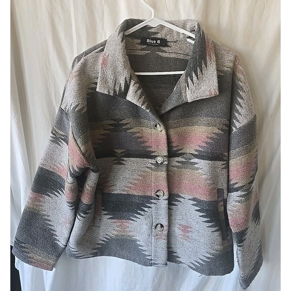 Blue B Collection Womens Jacket Gray Pink Aztec Southwest Long‎ Sleeve Pockets
